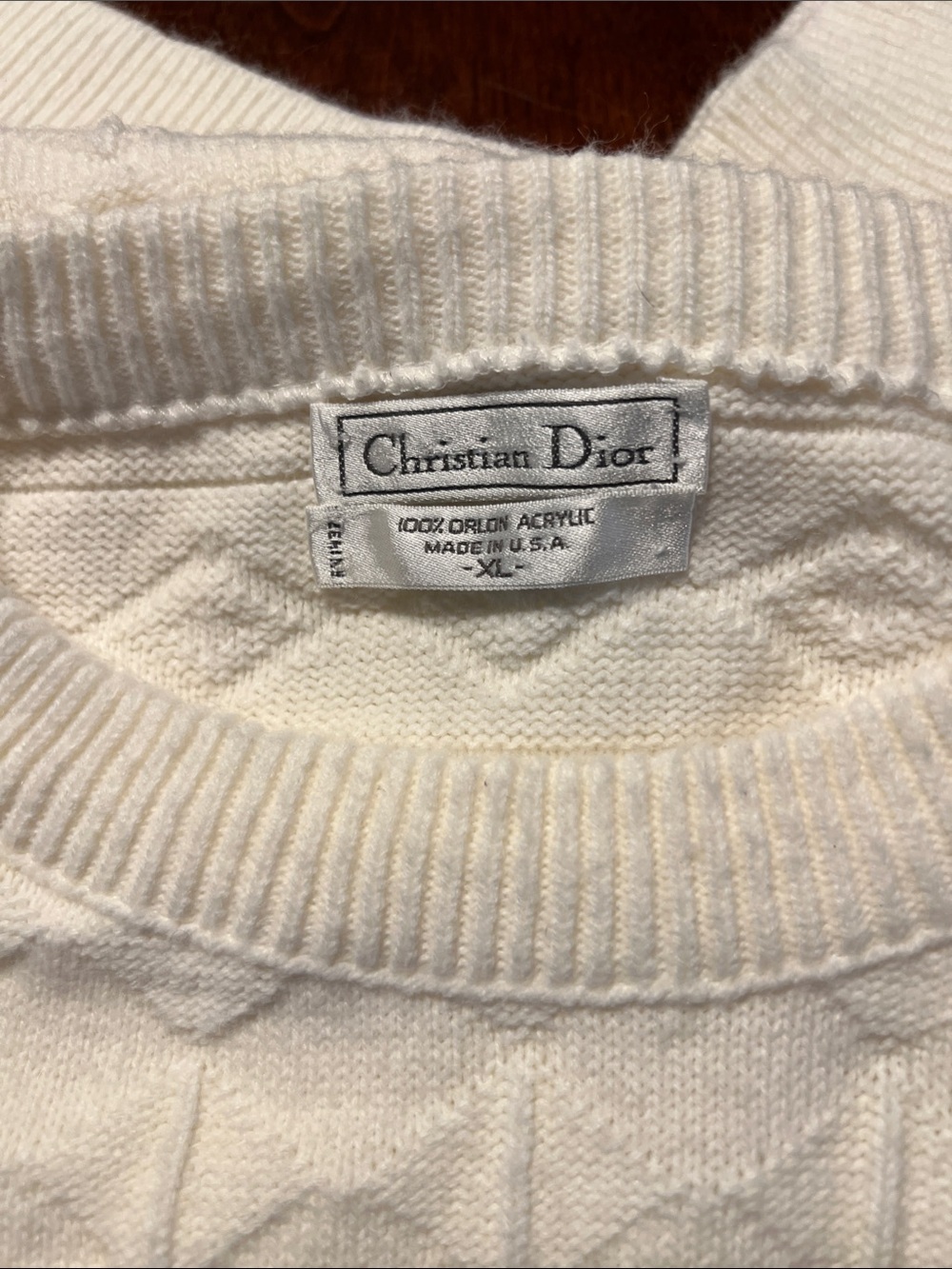 Vintage Christian Dior Men's Cream Crewneck Sweater with Geometric Knit